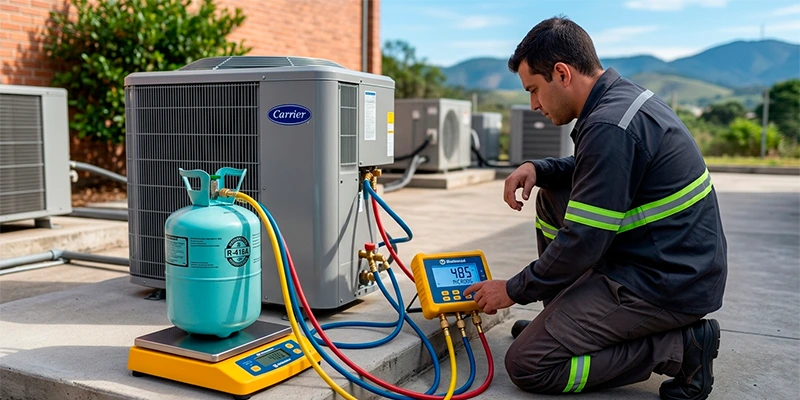 Balança de gás refrigerante digital conectada a condensadora durante manutenção, ferramenta essencial para trabalhar com refrigeração