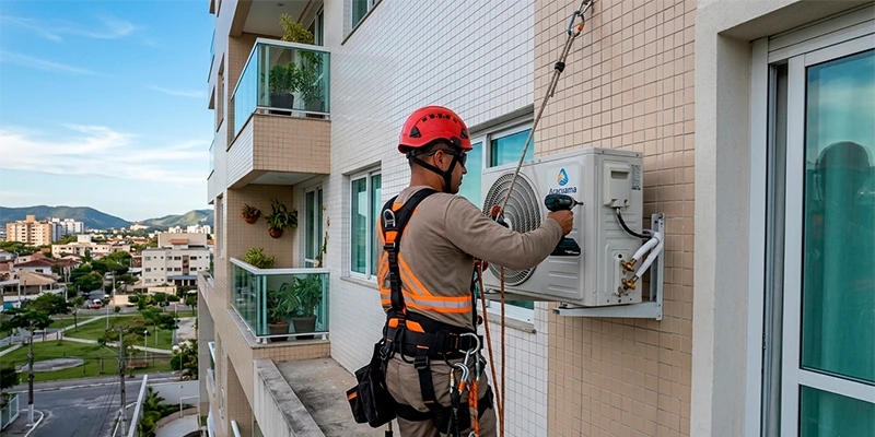 Técnico de refrigeração com EPIs completos — cinturão de segurança, capacete e óculos — trabalhando em altura na instalação de ar-condicionado
